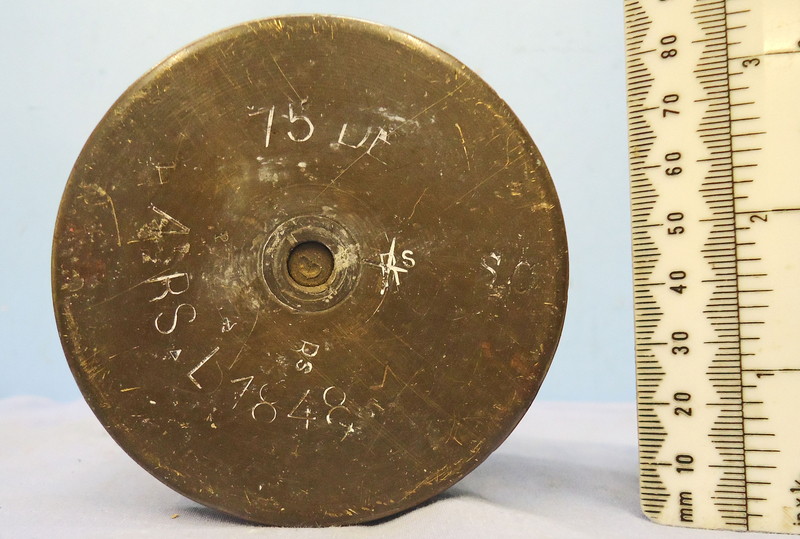 DEACTIVATED INERT. French, WW1, Fired 75mm Mle 1897 Field Gun Shrapnel Round. - O 1842 DEACTIVATED INERT. French, WW1, Fired 75mm Mle 1897 Field Gun Shrapnel Round. - O 1842  Other Ammunition - {CATEGORY} in 