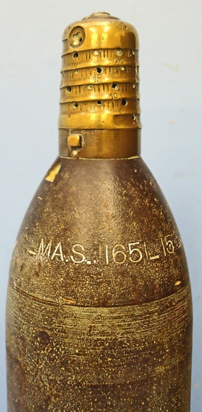 DEACTIVATED INERT. French, WW1, Fired 75mm Mle 1897 Field Gun Shrapnel Round. - O 1842 DEACTIVATED INERT. French, WW1, Fired 75mm Mle 1897 Field Gun Shrapnel Round. - O 1842  Other Ammunition - {CATEGORY}