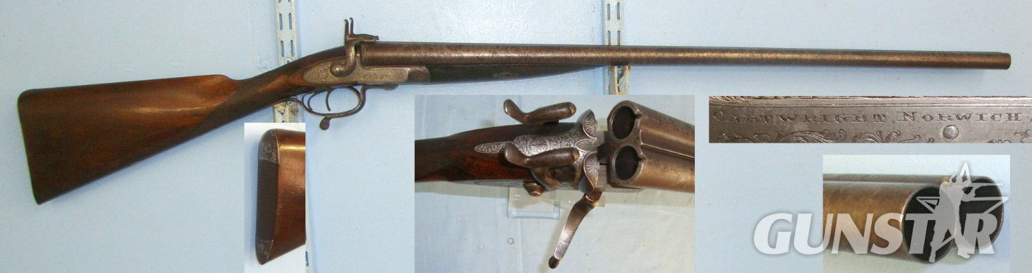 1841-1869 English Henry Or William Cartwright Of Norwich Norfolk, Rotary Underlever Double Damascus Barrelled Breech Loading 12 Bore Pinfire Obsolete Calibre Sporting Shotgun. Sn 22621 Side By Side 12 Bore/gauge in 