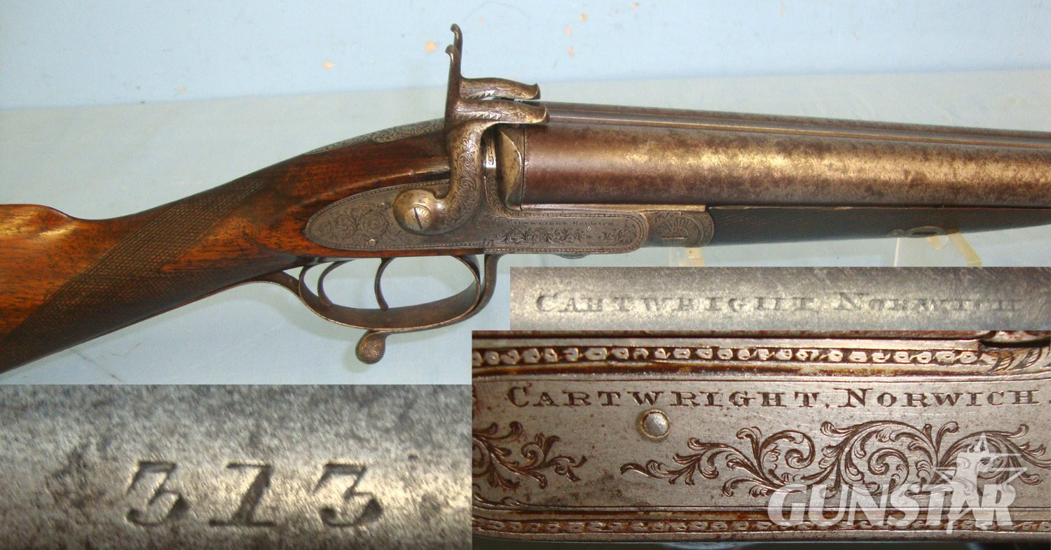 1841-1869 English Henry Or William Cartwright Of Norwich Norfolk, Rotary Underlever Double Damascus Barrelled Breech Loading 12 Bore Pinfire Obsolete Calibre Sporting Shotgun. Sn 22621 Side By Side 12 Bore/gauge