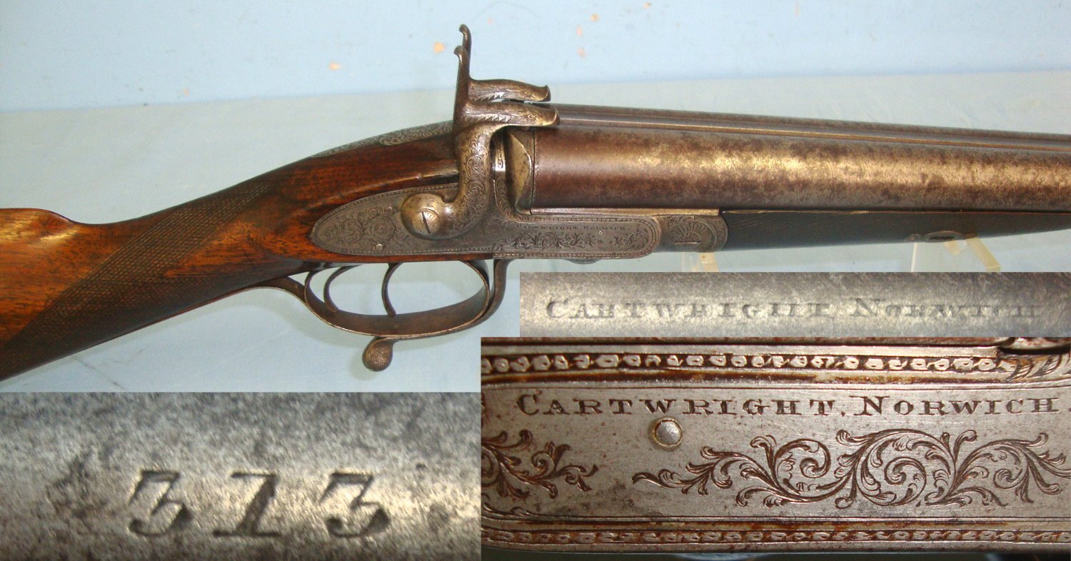 1841-1869 English Henry Or William Cartwright Of Norwich Norfolk, Rotary Underlever Double Damascus Barrelled Breech Loading 12 Bore Pinfire Obsolete Calibre Sporting Shotgun. Sn 22621 Side By Side 12 Bore/gauge