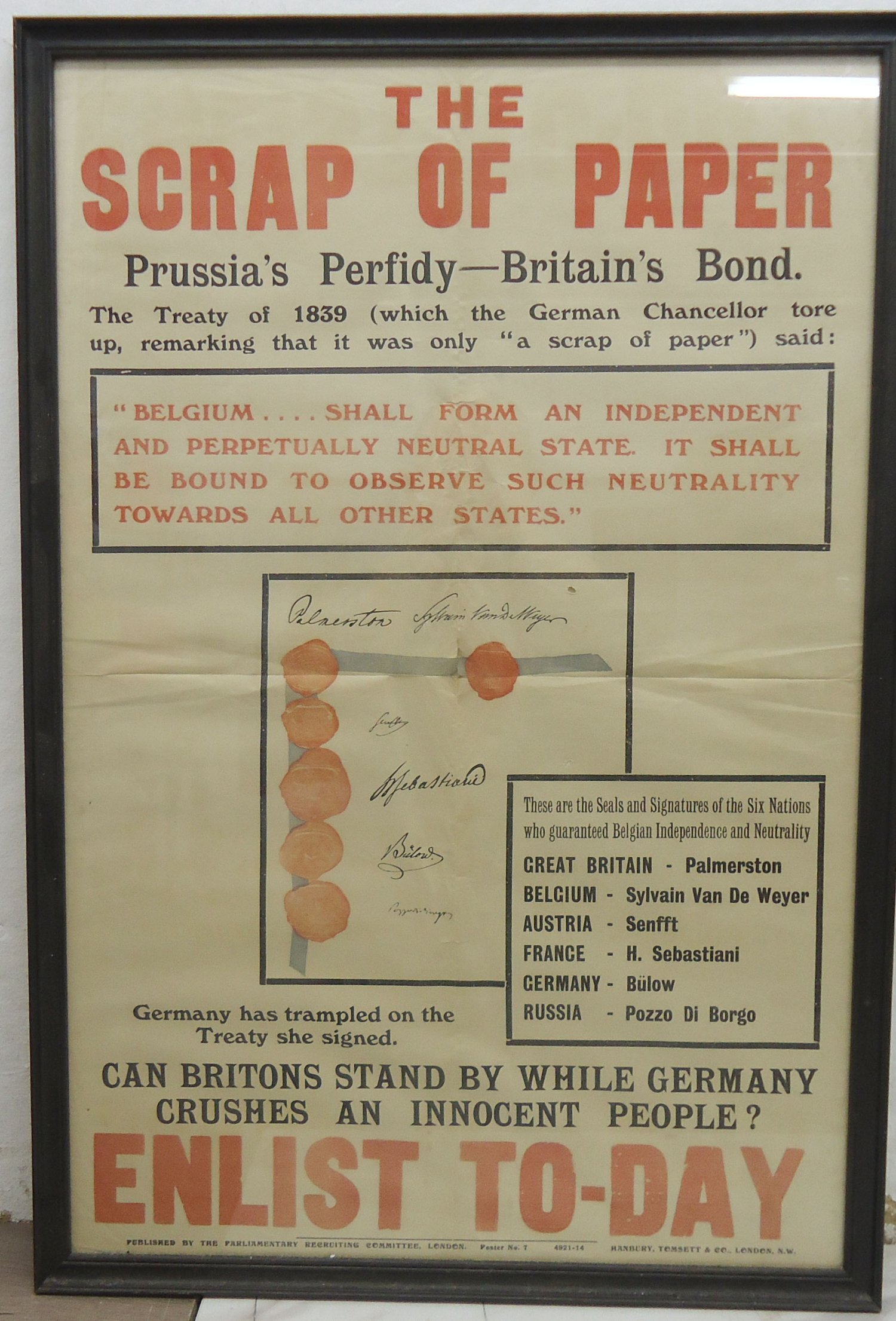 WW1 British Government Framed Recruiting Poster \'The Scrap Of Paper\'. Sn 10772. WW1 British Government Framed Recruiting Poster \'The Scrap Of Paper\'. Sn 10772. Antique & Militaria