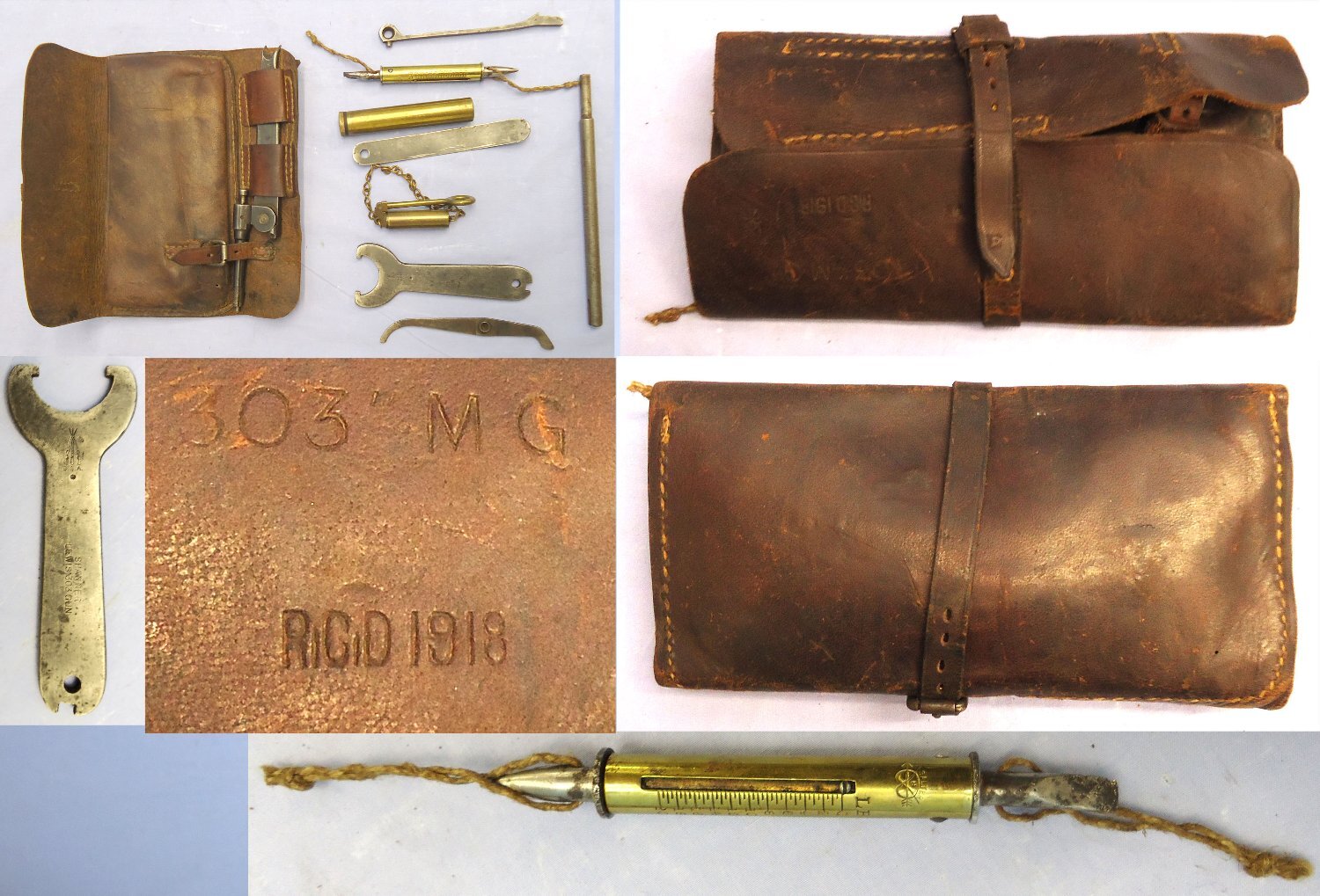 RARE** British, WW1, 1918 Dated Lewis Machine Gun Fields Tool with Leather Maintenance Kit Pouch. Canvas Holdall with Handles & Blue & White Formation Patch. Sn - 23200:1 Various Machine Gun