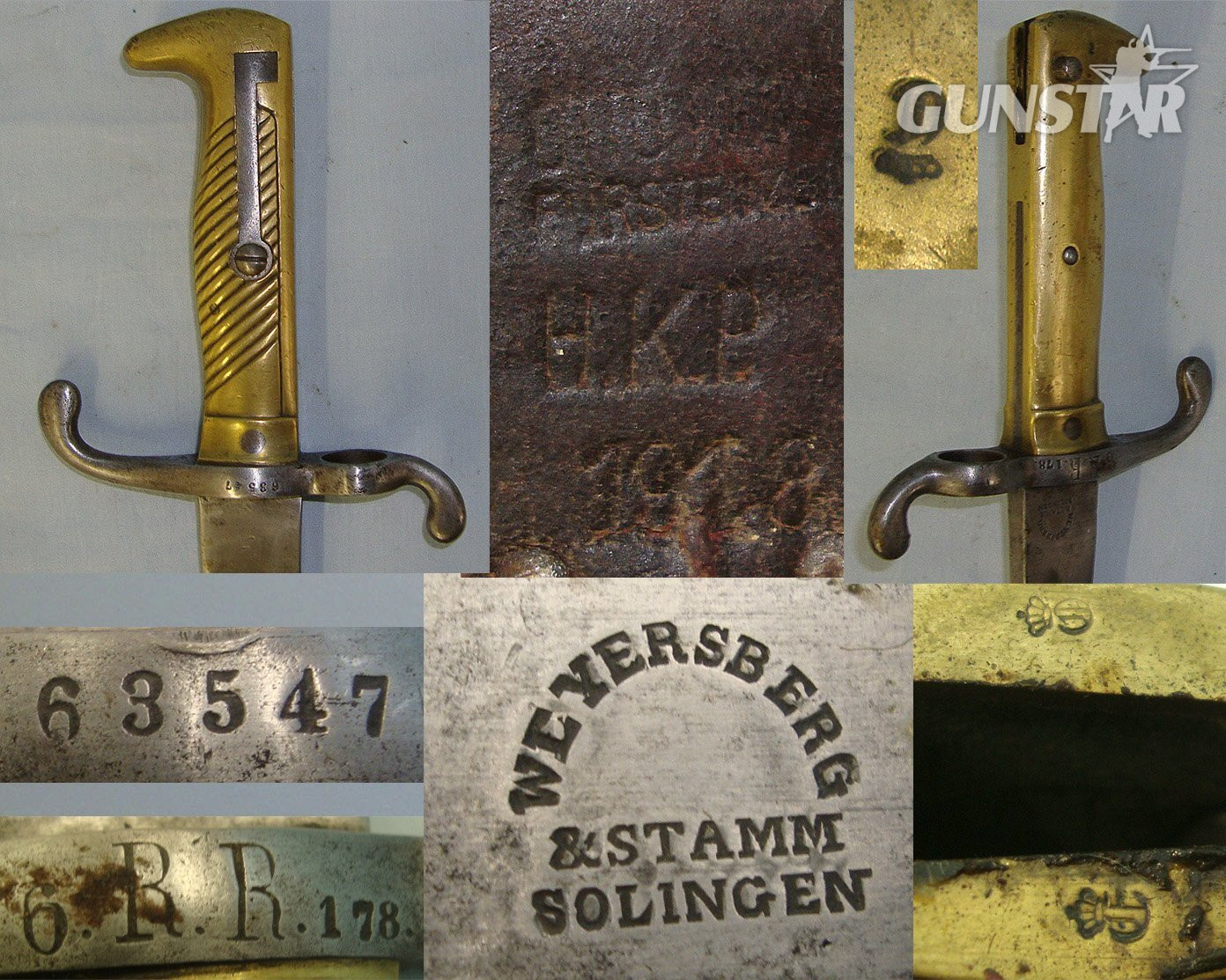 Imperial German Seitengewehr Model 1871 Weyersberg & Stamm Solingen Brass Hilt Bayonet For The M1871 Mauser Rifle Regiment Marked ’6.R.R.178’ Scabbard & WW1 1918 Dated Leather Frog. Sn 23687:5 Bayonet