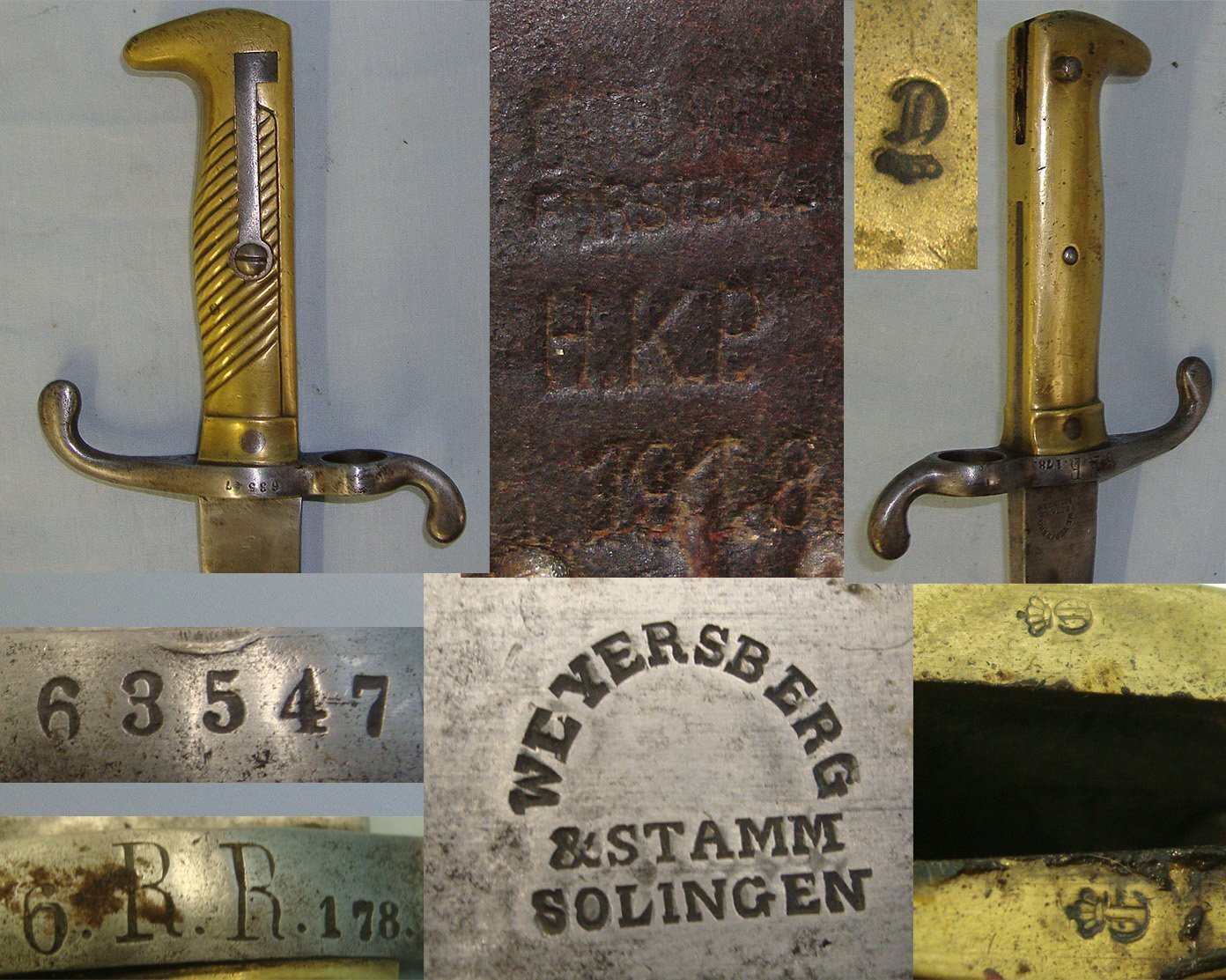 Imperial German Seitengewehr Model 1871 Weyersberg & Stamm Solingen Brass Hilt Bayonet For The M1871 Mauser Rifle Regiment Marked ’6.R.R.178’ Scabbard & WW1 1918 Dated Leather Frog. Sn 23687:5 Bayonet