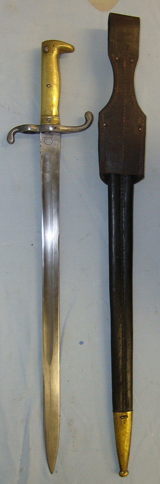  Imperial German Seitengewehr Model 1871 Weyersberg & Stamm Solingen Brass Hilt Bayonet For The M1871 Mauser Rifle Regiment Marked ’6.R.R.178’ Scabbard & WW1 1918 Dated Leather Frog. Sn 23687:5 Bayonet
