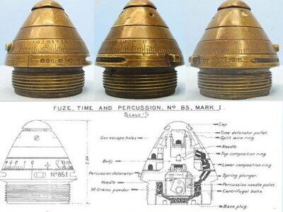 INERT DEACTIVATED. British, WW1, 1915 Dated, Strippable, No 85 Time & Percussion Nose Fuze. - O 2185 INERT DEACTIVATED. British, WW1, 1915 Dated, Strippable, No 85 Time & Percussion Nose Fuze. - O 2185  Other Ammunition