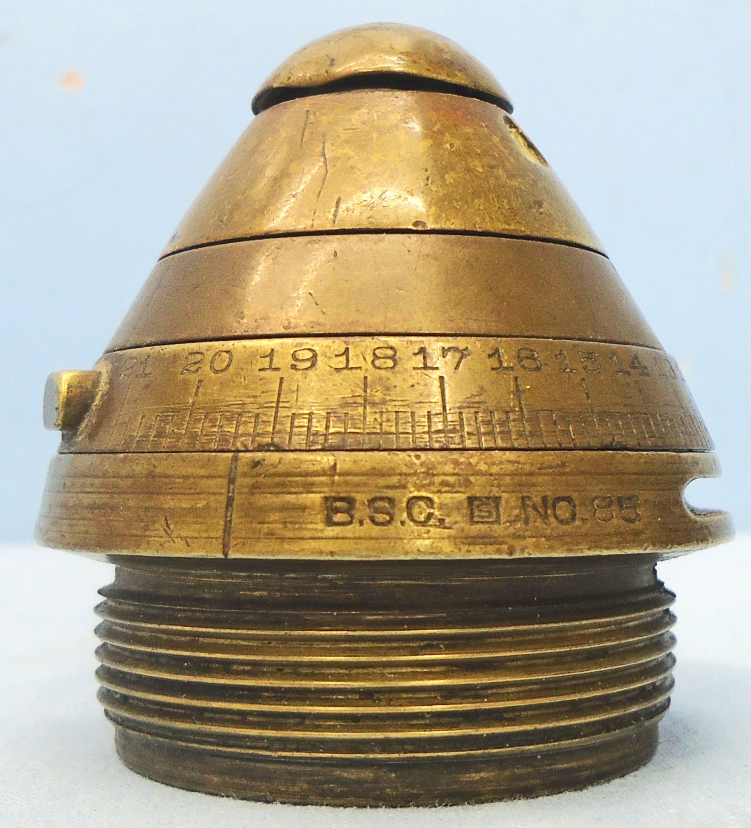 INERT DEACTIVATED. British, WW1, 1915 Dated, Strippable, No 85 Time & Percussion Nose Fuze. - O 2185 INERT DEACTIVATED. British, WW1, 1915 Dated, Strippable, No 85 Time & Percussion Nose Fuze. - O 2185  Other Ammunition - {CATEGORY} in 
