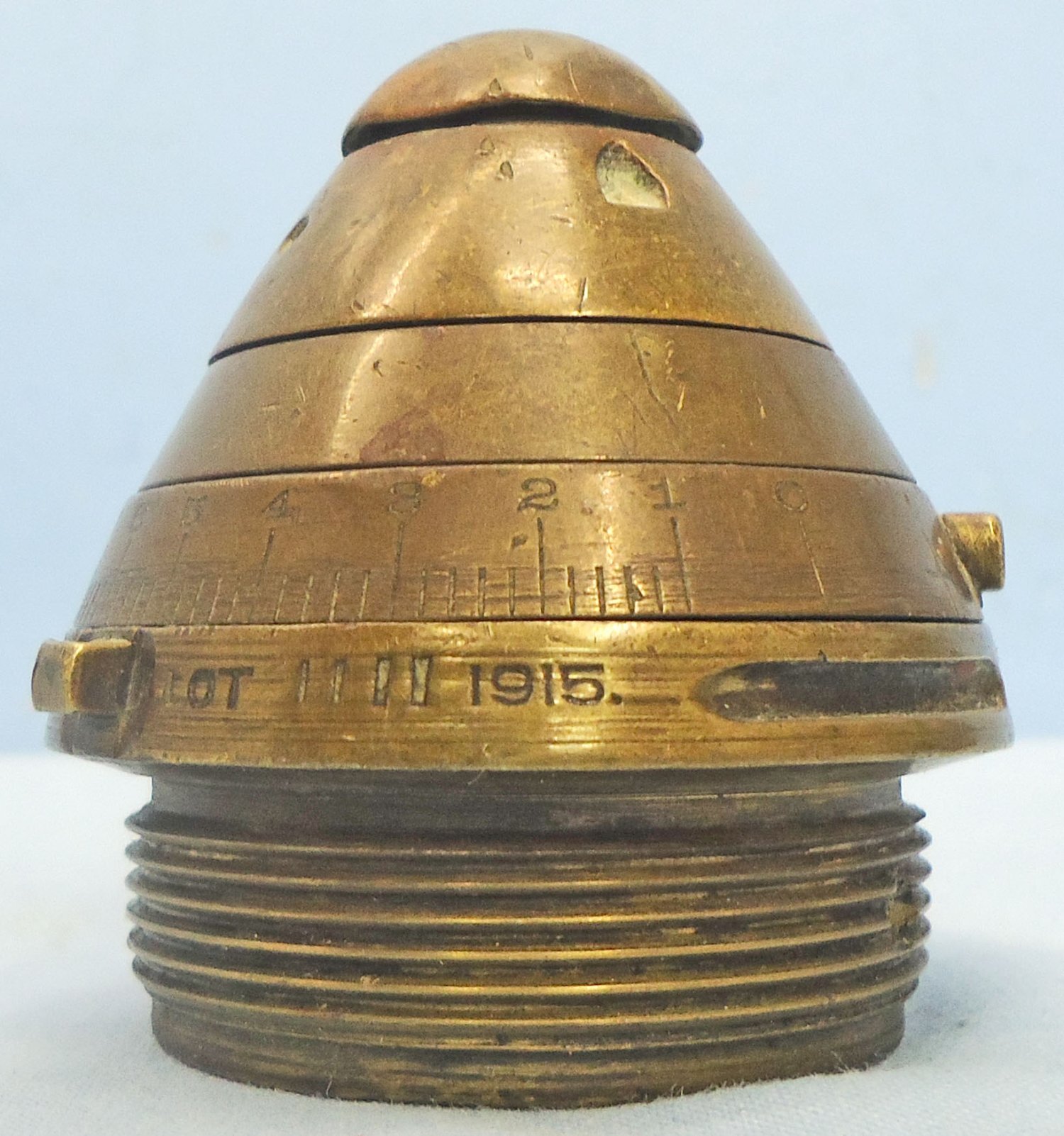INERT DEACTIVATED. British, WW1, 1915 Dated, Strippable, No 85 Time & Percussion Nose Fuze. - O 2185 INERT DEACTIVATED. British, WW1, 1915 Dated, Strippable, No 85 Time & Percussion Nose Fuze. - O 2185  Other Ammunition 