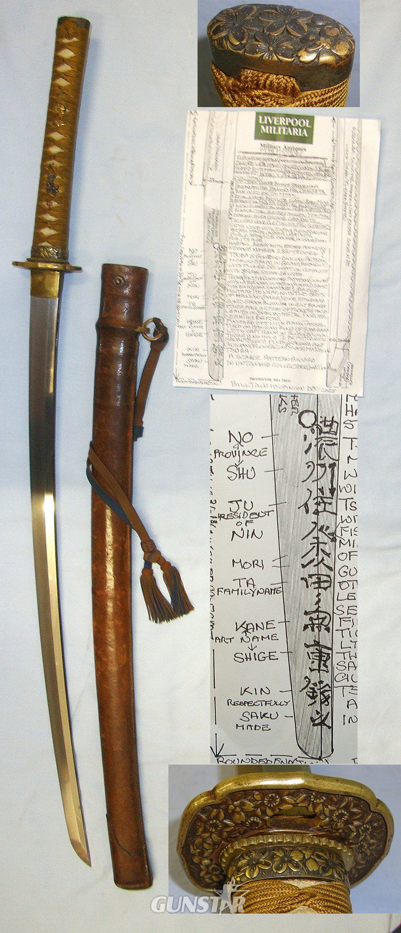 HIGH GRADE SMITH**WW2 Japanese Army Gunzoku (Military Civilian Employee) Officer’s Gendaito Hand Forged Katana Long Sword Smith Signed Tang ‘NOSHU JU MORITA KANE SHIGE KIN SAKU’ Scabbard With Leather Field Combat Cover & Expert Assessment. Sn 23059 Sword in 