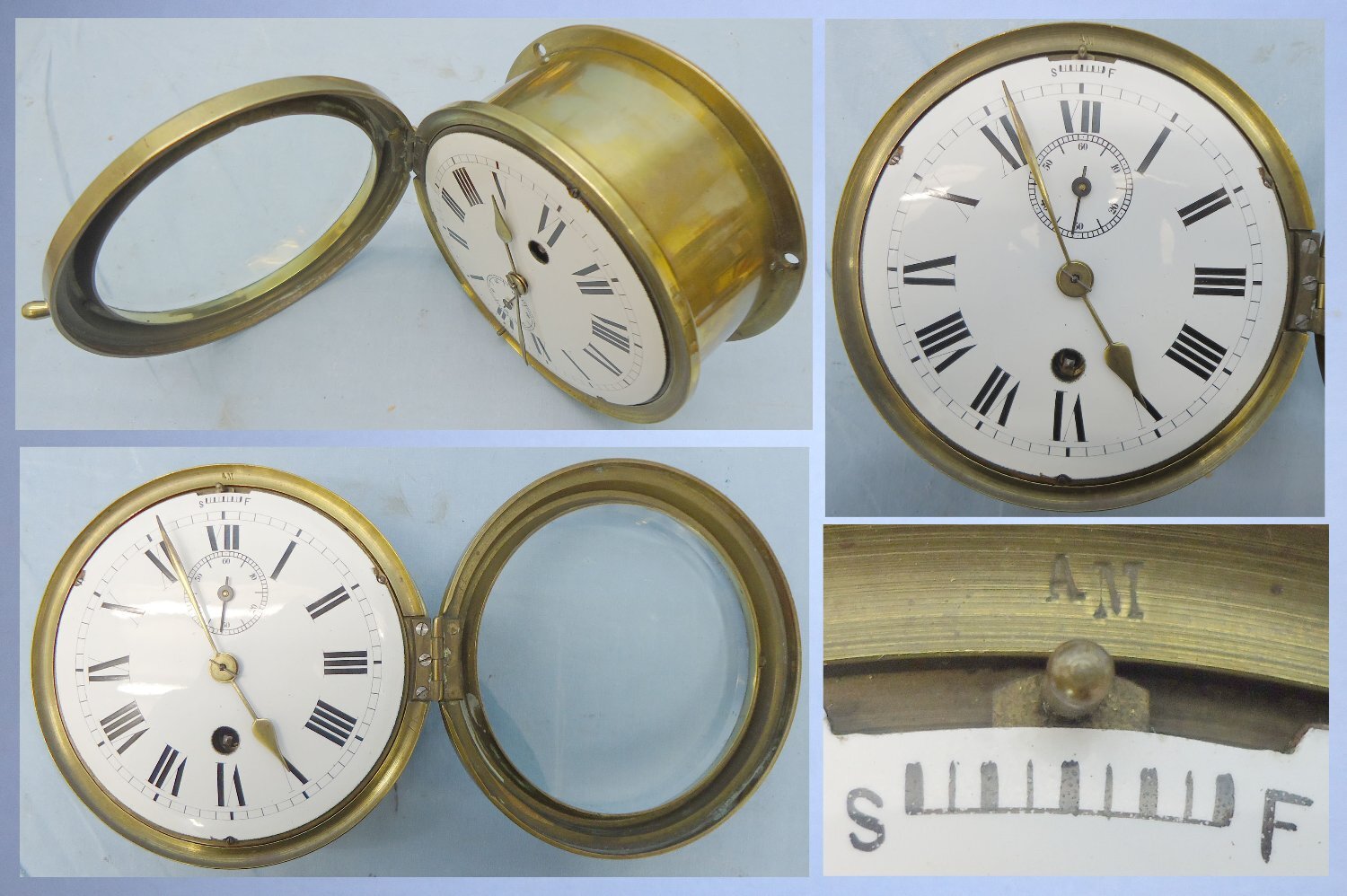 Early 20th Century British AM ‘Air Ministry’ Marked Brass Bulkhead Clock with 60 Seconds Time Keeping Feature. Sn 14293. Early 20th Century British AM ‘Air Ministry’ Marked Brass Bulkhead Clock with 60 Seconds Time Keeping Feature. Sn 14293. Antique & Militaria