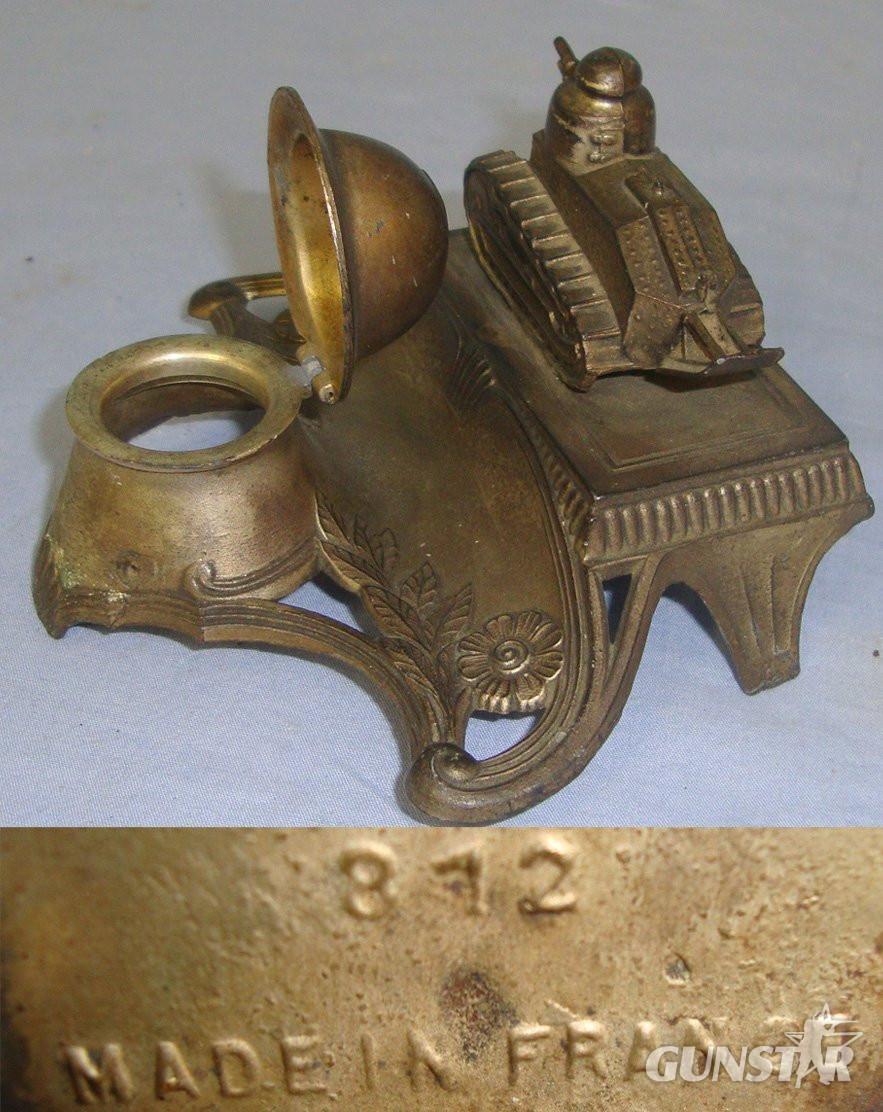 WW1 French Trench Art Spelter Desk Top Ink Well & Pen Stand Combination Featuring The Iconic Renault Model FT-17 Tank & Hinged French Infantry Adrian Combat Helmet. Sn 23014  Antique & Militaria in 