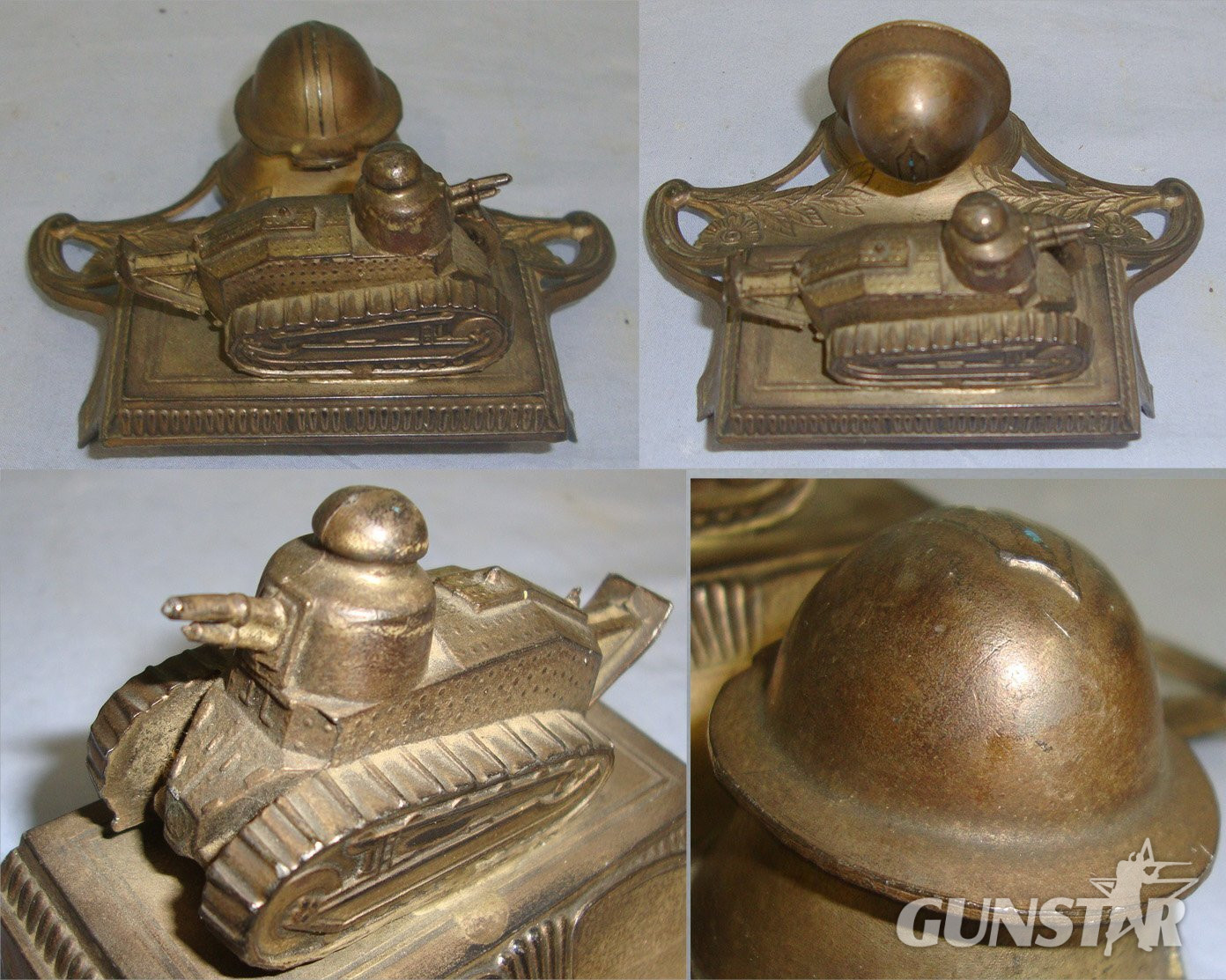 WW1 French Trench Art Spelter Desk Top Ink Well & Pen Stand Combination Featuring The Iconic Renault Model FT-17 Tank & Hinged French Infantry Adrian Combat Helmet. Sn 23014  Antique & Militaria