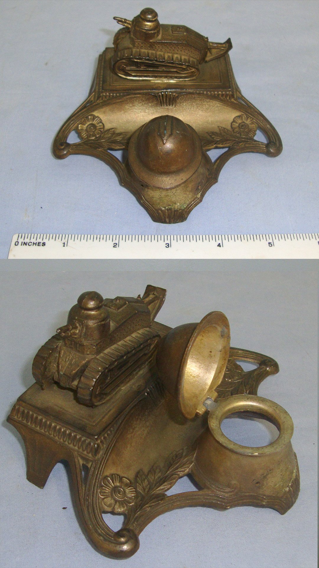 WW1 French Trench Art Spelter Desk Top Ink Well & Pen Stand Combination Featuring The Iconic Renault Model FT-17 Tank & Hinged French Infantry Adrian Combat Helmet. Sn 23014  Antique & Militaria