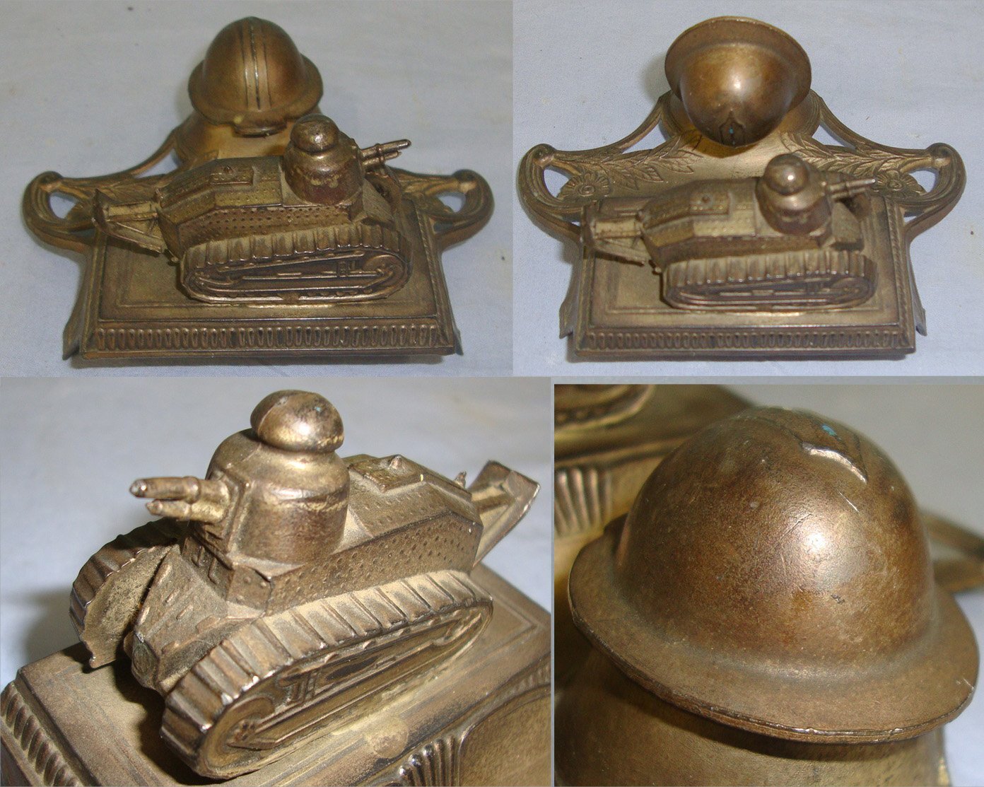  WW1 French Trench Art Spelter Desk Top Ink Well & Pen Stand Combination Featuring The Iconic Renault Model FT-17 Tank & Hinged French Infantry Adrian Combat Helmet. Sn 23014  Antique & Militaria