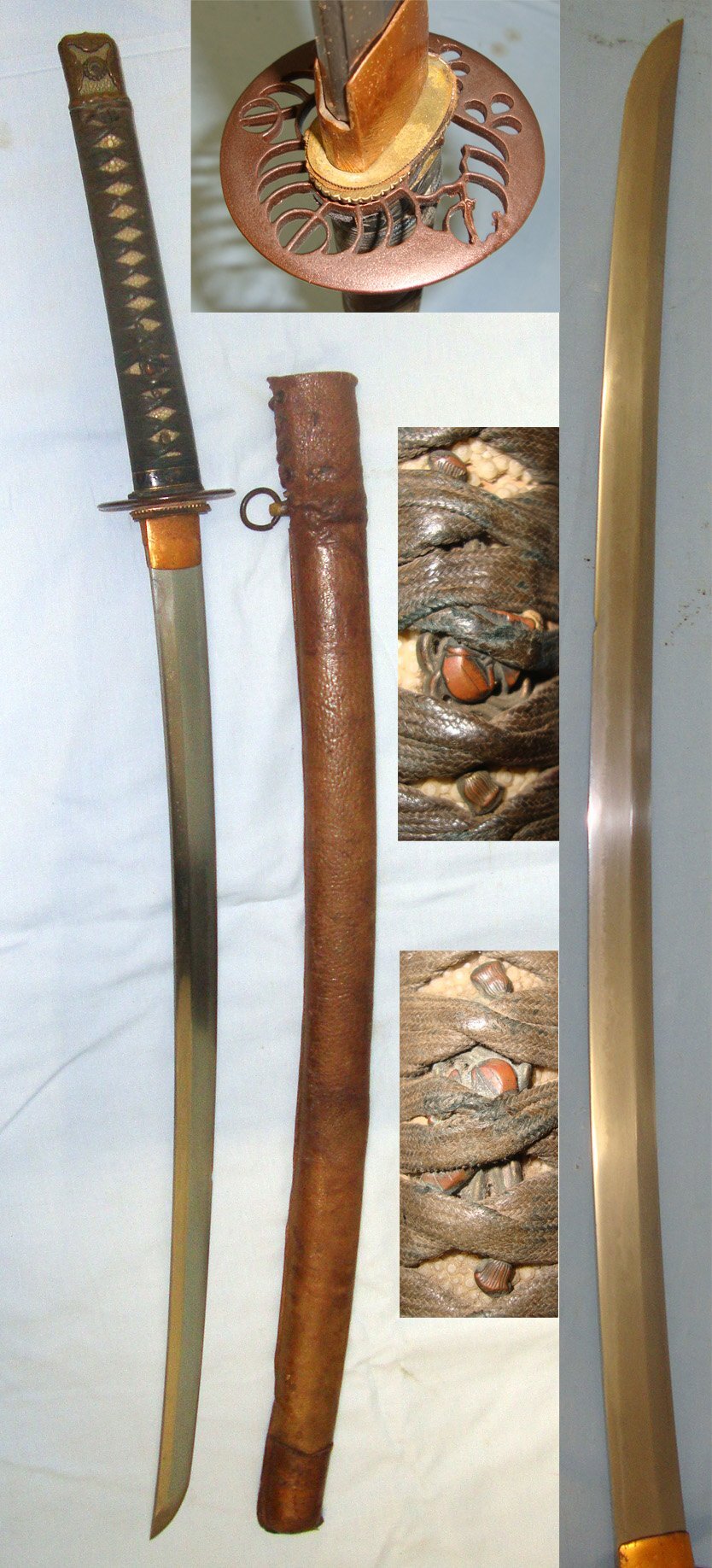  WW2 Japanese Army Gunzoku (Military Civilian Employee) Officer’s Gendaito Hand Forged Katana Long Sword Smith Signed Tang ‘Kane Tsune’ Scabbard With Campaign Leather Cover & Expert Assessment. ED 2414 Sword