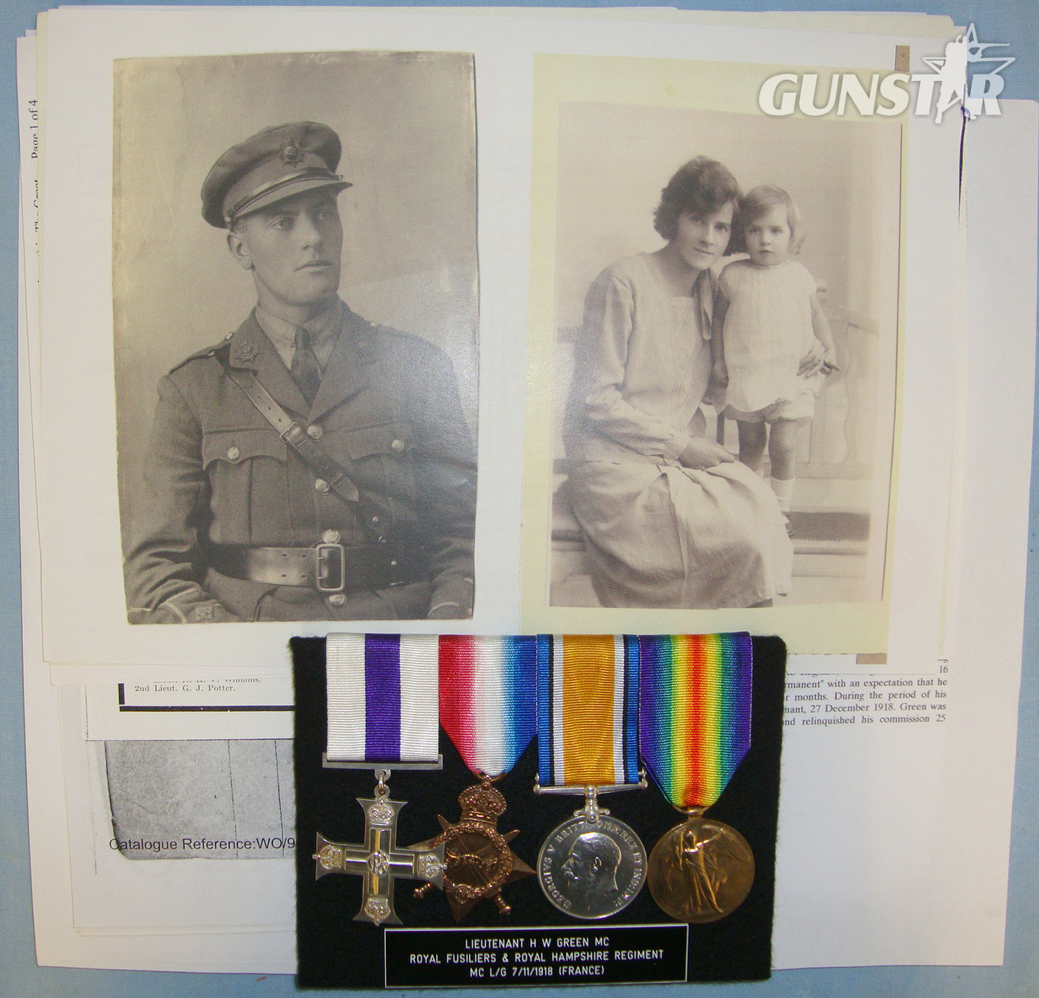 WW1 ‘Western Front’ 1918 British Officer’s Military Cross 4 Medal Group Mounted For Display To 2788 Lieutenant H.W Green M.C. Hampshire Regiment & Royal Fusiliers With Photocopy Portrait Images Of The Recipient & His Family & Dossier Of Provenance.  Other Accessory in 