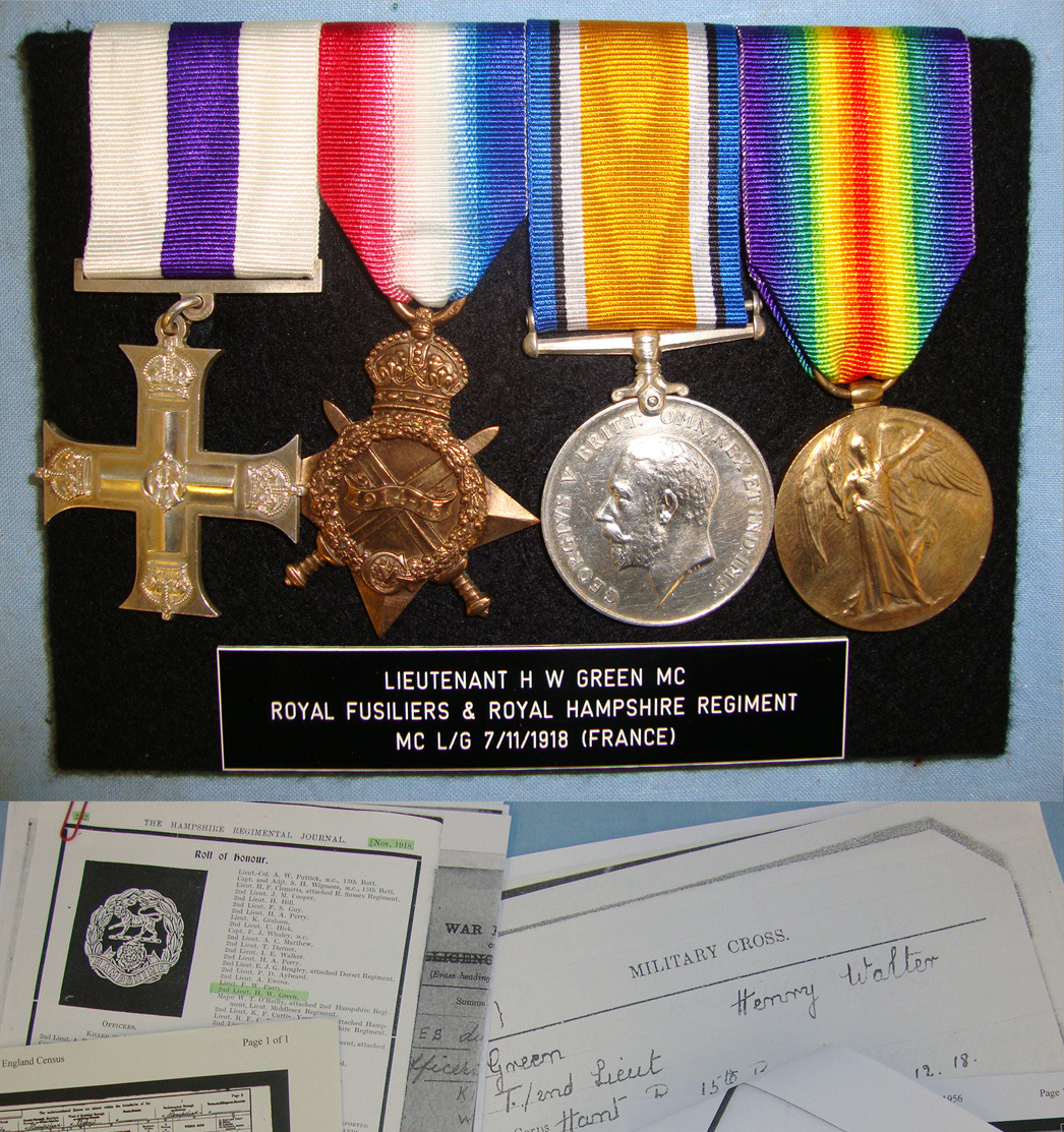 WW1 ‘Western Front’ 1918 British Officer’s Military Cross 4 Medal Group Mounted For Display To 2788 Lieutenant H.W Green M.C. Hampshire Regiment & Royal Fusiliers With Photocopy Portrait Images Of The Recipient & His Family & Dossier Of Provenance.  Other Accessory
