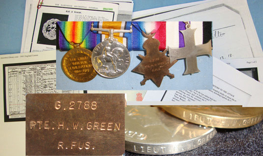  WW1 ‘Western Front’ 1918 British Officer’s Military Cross 4 Medal Group Mounted For Display To 2788 Lieutenant H.W Green M.C. Hampshire Regiment & Royal Fusiliers With Photocopy Portrait Images Of The Recipient & His Family & Dossier Of Provenance.  Other Accessory