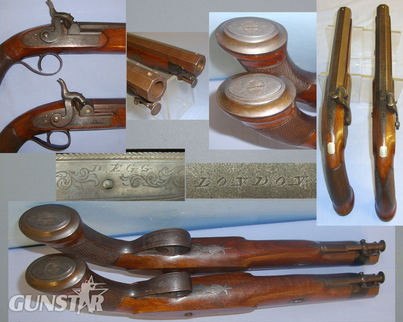 BEST QUALITY** Brace Of English Durs Egg London 24 Bore Percussion Traveling Pistols With Octagonal Damascus Steel Barrels & Captive Iron Ram Rods. Sn 21020 percussion pistols Various Muzzleloader