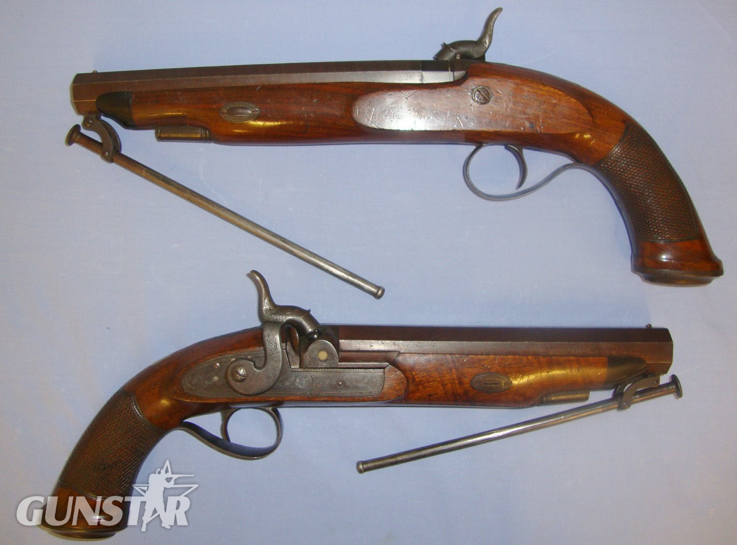  BEST QUALITY** Brace Of English Durs Egg London 24 Bore Percussion Traveling Pistols With Octagonal Damascus Steel Barrels & Captive Iron Ram Rods. Sn 21020 percussion pistols Various Muzzleloader