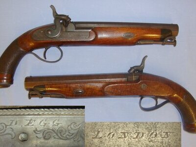 BEST QUALITY** Brace Of English Durs Egg London 24 Bore Percussion Traveling Pistols With Octagonal Damascus Steel Barrels & Captive Iron Ram Rods. Sn 21020 percussion pistols Various Muzzleloader