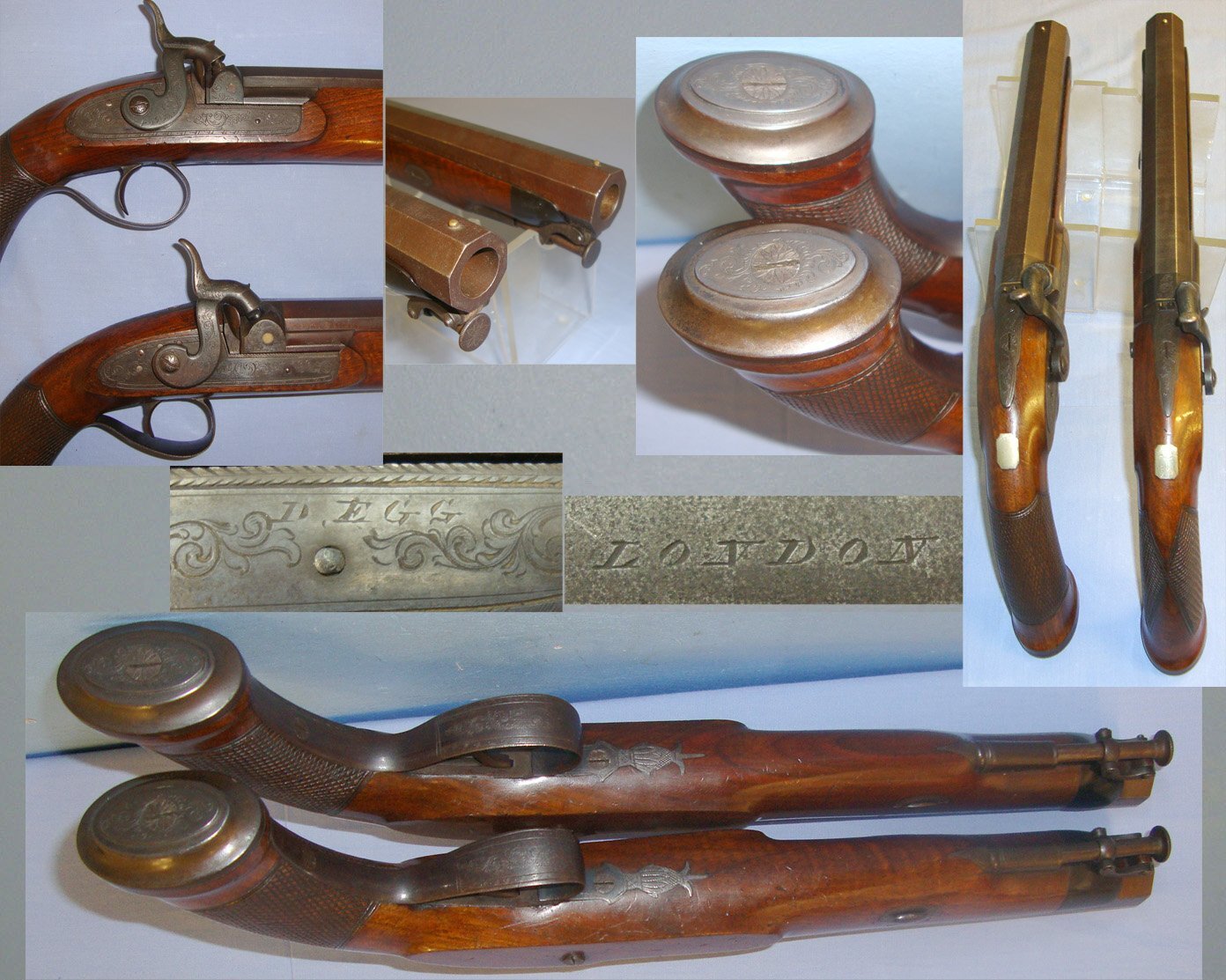 BEST QUALITY** Brace Of English Durs Egg London 24 Bore Percussion Traveling Pistols With Octagonal Damascus Steel Barrels & Captive Iron Ram Rods. Sn 21020 percussion pistols Various Muzzleloader