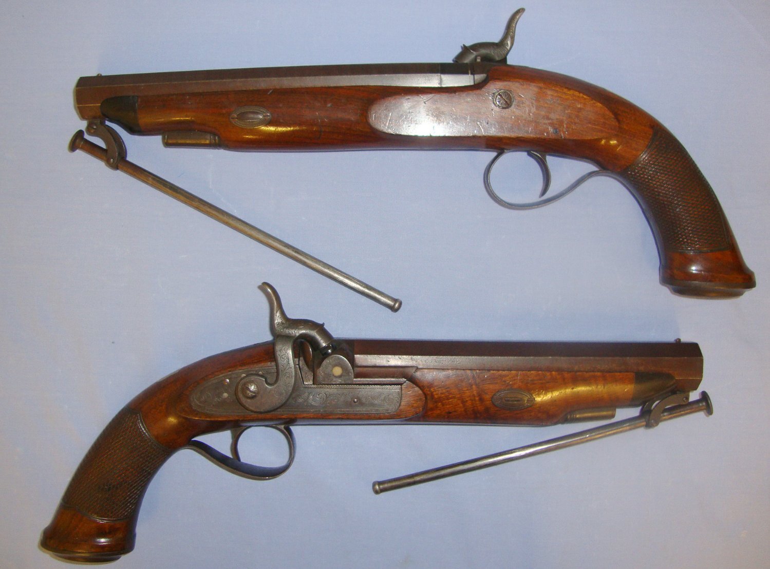  BEST QUALITY** Brace Of English Durs Egg London 24 Bore Percussion Traveling Pistols With Octagonal Damascus Steel Barrels & Captive Iron Ram Rods. Sn 21020 percussion pistols Various Muzzleloader