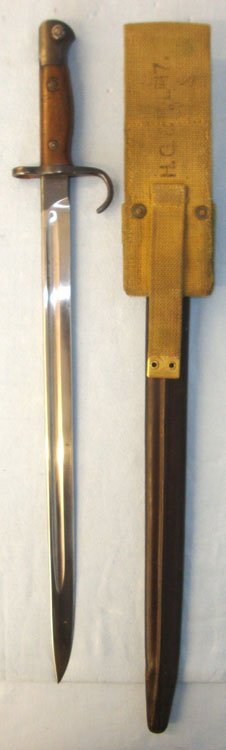  RARE**MINT**WW1 GALLIPOLI, British 1911 Dated 1st Pattern Hook Quillion P1907 Bayonet Regiment Marked ‘4 SWB’ To The 4th Battalion South Wales Borderers, 1st Type Scabbard & 1908 Pattern Webbing Frog With Helve Carrier Strap. BAYO 202 Bayonet
