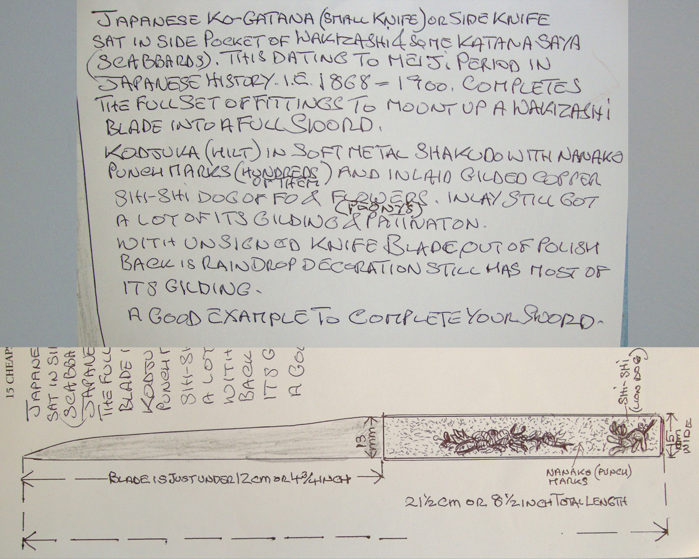 Meiji Period 1868-1900 Japanese Ko-Gatana (Side Knife) For Wakizashi Small Sword Or Katana Sword Saya (Scabbard) Pocket & Expert Assessment Notes. Sn 20730:4 Knive
