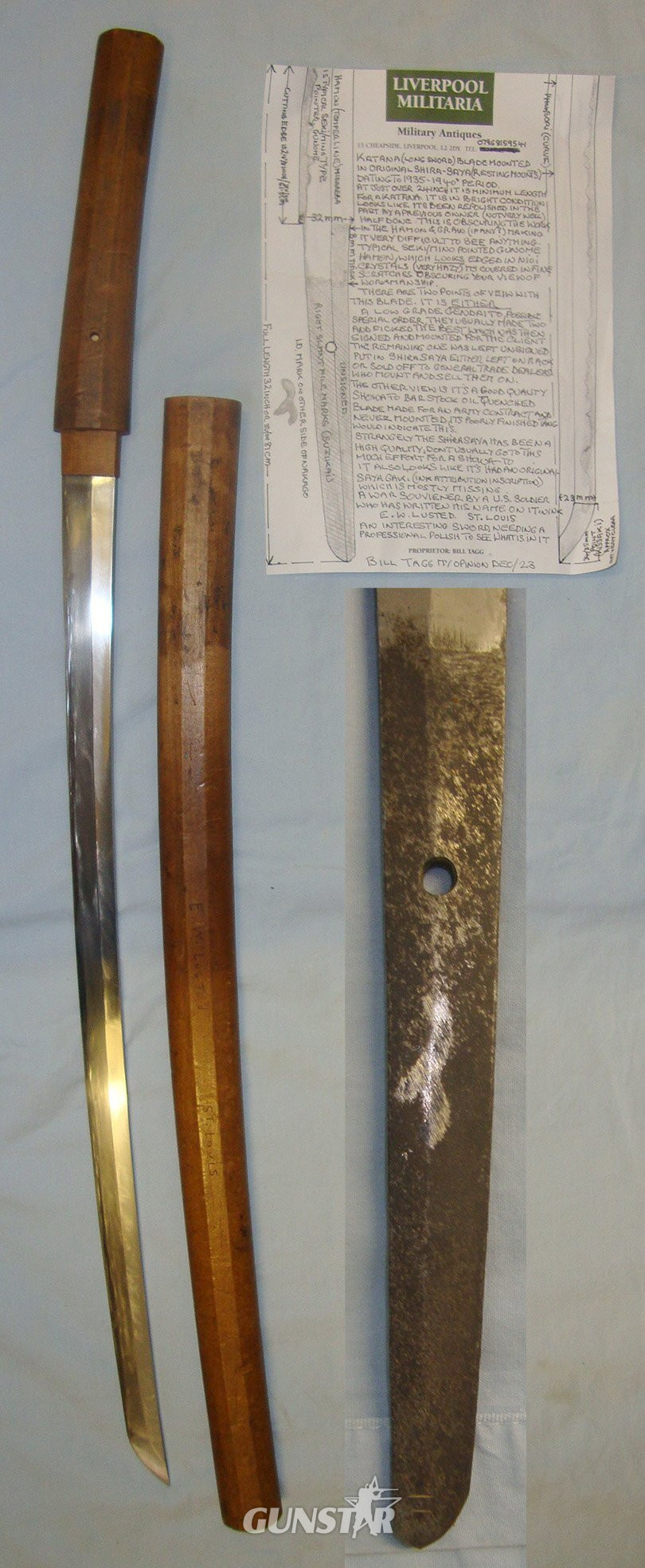 CAPTURED / SURRENDERED U.S. ARMY SOLDIER BRING BACK**WW2 Era 1935-1940’s Japanese Katana Long Sword Blade In Quality Period Protective Honoki Wood Shira Saya Resting Mounts With Ink Signature To ‘E.W. Lusted St Louis’ & Expert Assessment. Sn 21346 Sword in 