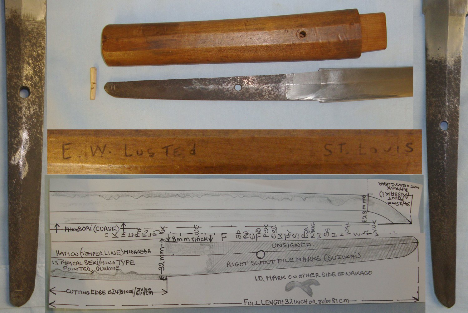 CAPTURED / SURRENDERED U.S. ARMY SOLDIER BRING BACK**WW2 Era 1935-1940’s Japanese Katana Long Sword Blade In Quality Period Protective Honoki Wood Shira Saya Resting Mounts With Ink Signature To ‘E.W. Lusted St Louis’ & Expert Assessment. Sn 21346 Sword