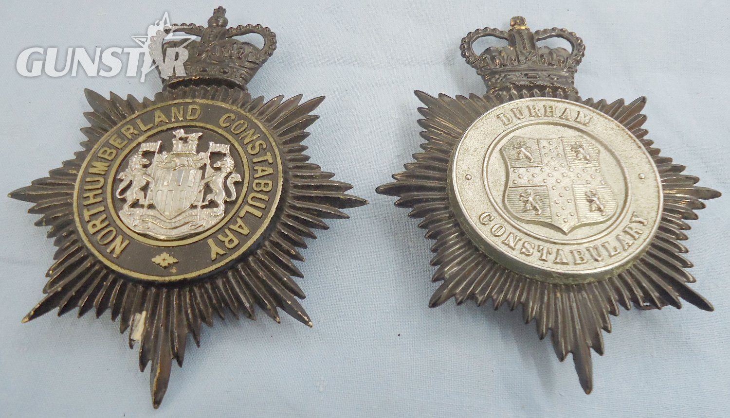  Pair* Durham Constabulary & Northumberland Constabulary Helmet Plates. BA 888. Pair* Durham Constabulary & Northumberland Constabulary Helmet Plates. BA 888.  Antique & Militaria