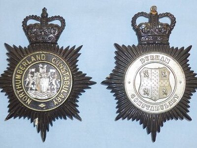 Pair* Durham Constabulary & Northumberland Constabulary Helmet Plates. BA 888. Pair* Durham Constabulary & Northumberland Constabulary Helmet Plates. BA 888.  Antique & Militaria