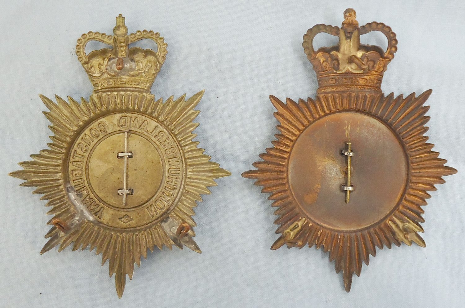 Pair* Durham Constabulary & Northumberland Constabulary Helmet Plates. BA 888. Pair* Durham Constabulary & Northumberland Constabulary Helmet Plates. BA 888.  Antique & Militaria