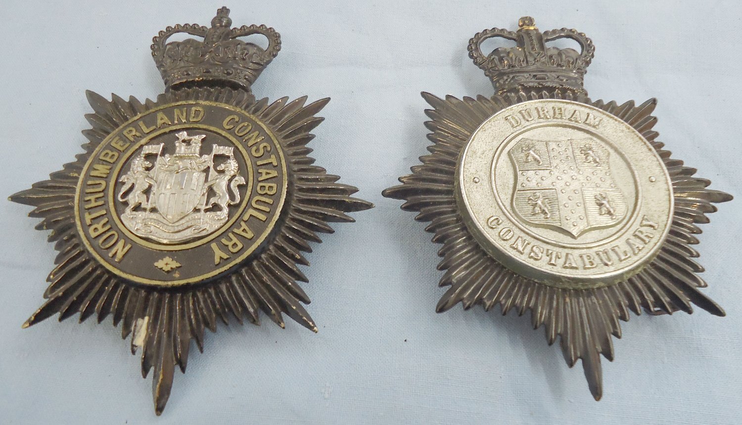  Pair* Durham Constabulary & Northumberland Constabulary Helmet Plates. BA 888. Pair* Durham Constabulary & Northumberland Constabulary Helmet Plates. BA 888.  Antique & Militaria