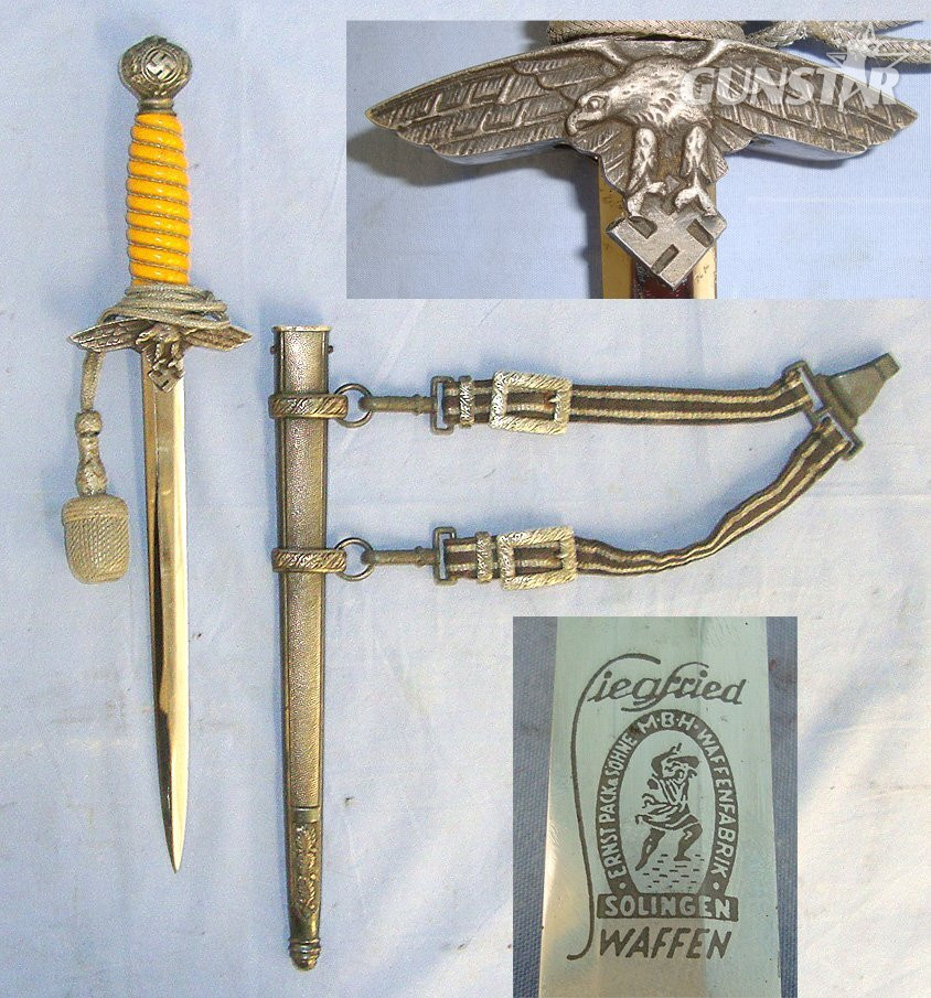 WW2 Era Nazi German "Siegfried Waffen"Trademark Ernst Pack & Söhne, Solingen Luftwaffe 2nd Pattern Officer's Dagger With Bullion Cord, Portepee, Scabbard & Hangers. Sn 23484:101 Knive in 