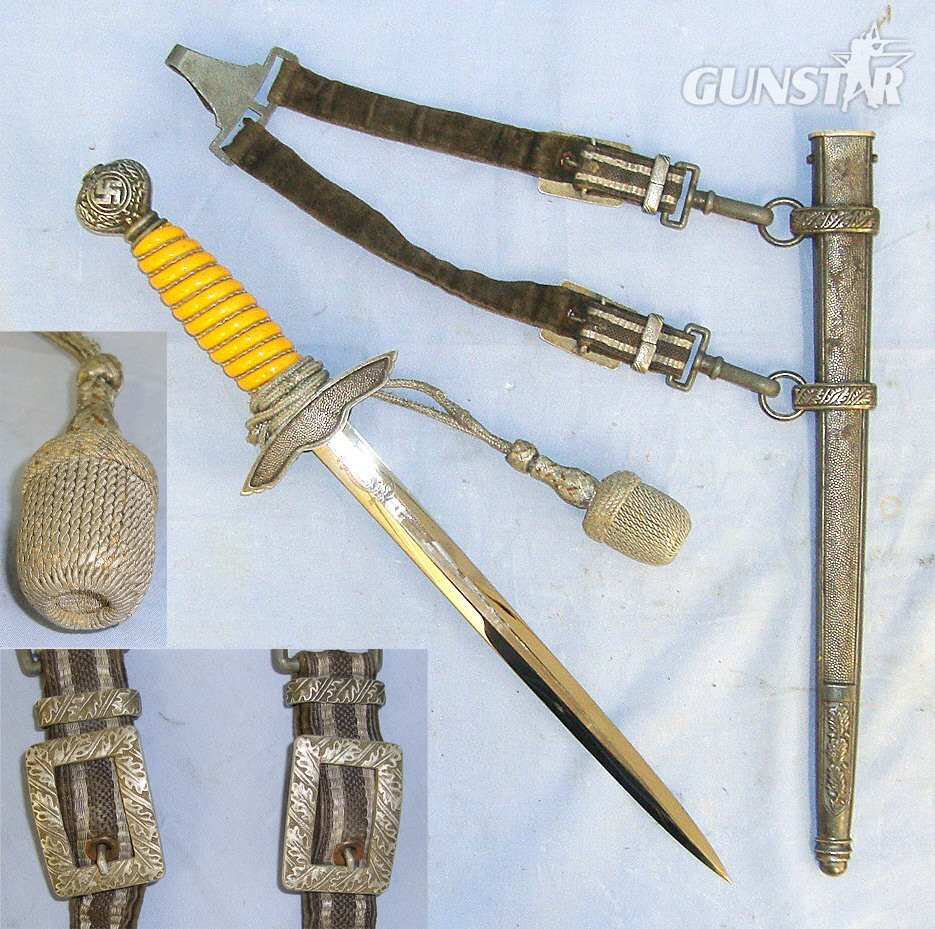  WW2 Era Nazi German "Siegfried Waffen"Trademark Ernst Pack & Söhne, Solingen Luftwaffe 2nd Pattern Officer's Dagger With Bullion Cord, Portepee, Scabbard & Hangers. Sn 23484:101 Knive