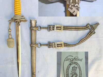 WW2 Era Nazi German "Siegfried Waffen"Trademark Ernst Pack & Söhne, Solingen Luftwaffe 2nd Pattern Officer's Dagger With Bullion Cord, Portepee, Scabbard & Hangers. Sn 23484:101 Knive