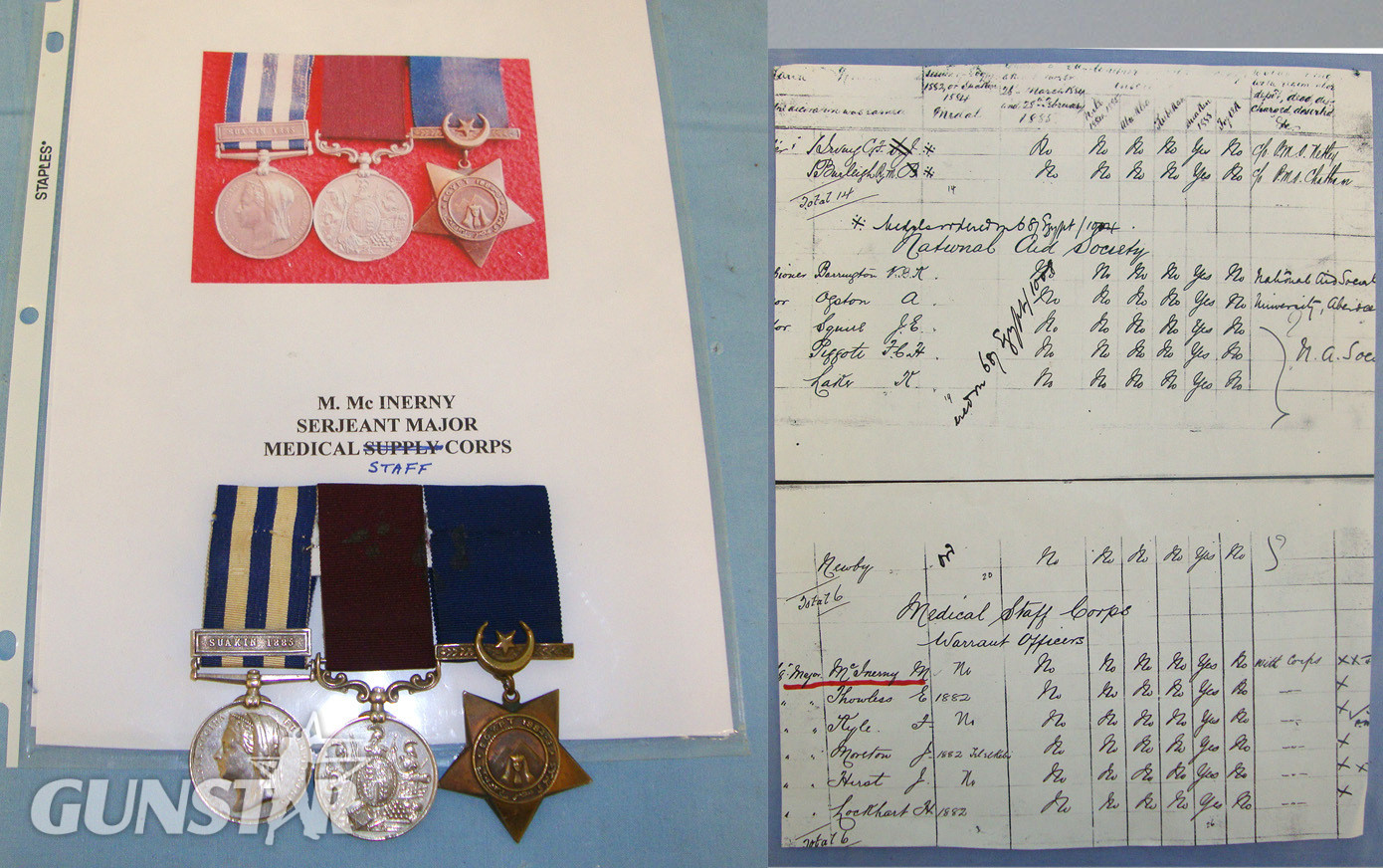 Named Victorian British Medal Trio Egypt 1882-89 Medal With Suakin 1885 Bar, Khedive’s Star 1884-86 Army Long Service & Good Conduct Medal (2nd Type) To Sgt Major M. Mc Inerny Medical Staff Corps With Ribbons Mounted For Wear & Copy Of Staff List. - 160  Other Accessory in 