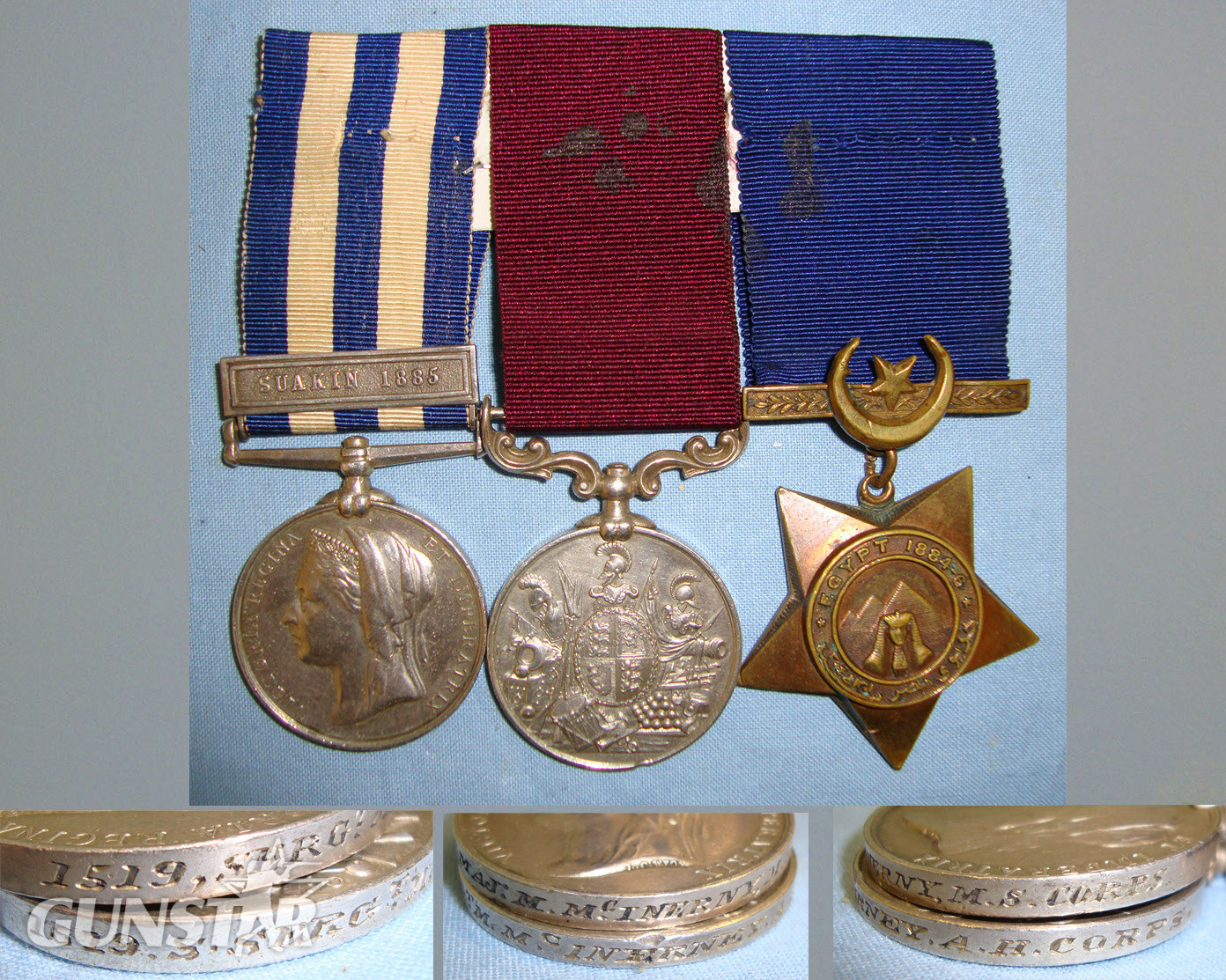 Named Victorian British Medal Trio Egypt 1882-89 Medal With Suakin 1885 Bar, Khedive’s Star 1884-86 Army Long Service & Good Conduct Medal (2nd Type) To Sgt Major M. Mc Inerny Medical Staff Corps With Ribbons Mounted For Wear & Copy Of Staff List. - 160  Other Accessory