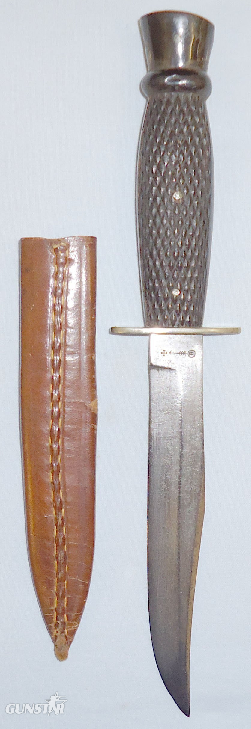 WWI Private Purchase Trench Knife and Leather Sheath by Manufacturer Wade & Butcher Sheffield England. ED 2400. Knive in 