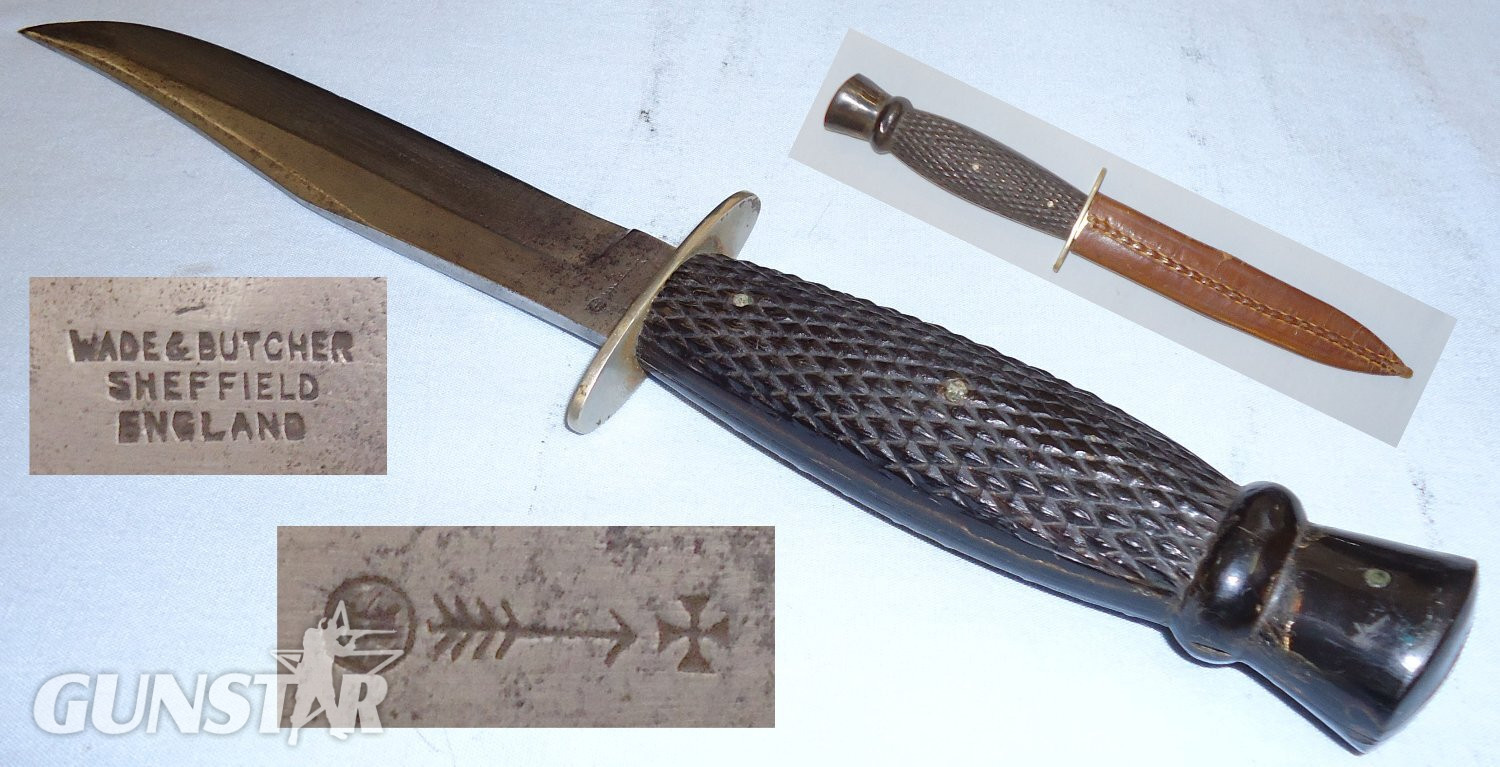 WWI Private Purchase Trench Knife and Leather Sheath by Manufacturer Wade & Butcher Sheffield England. ED 2400. Knive