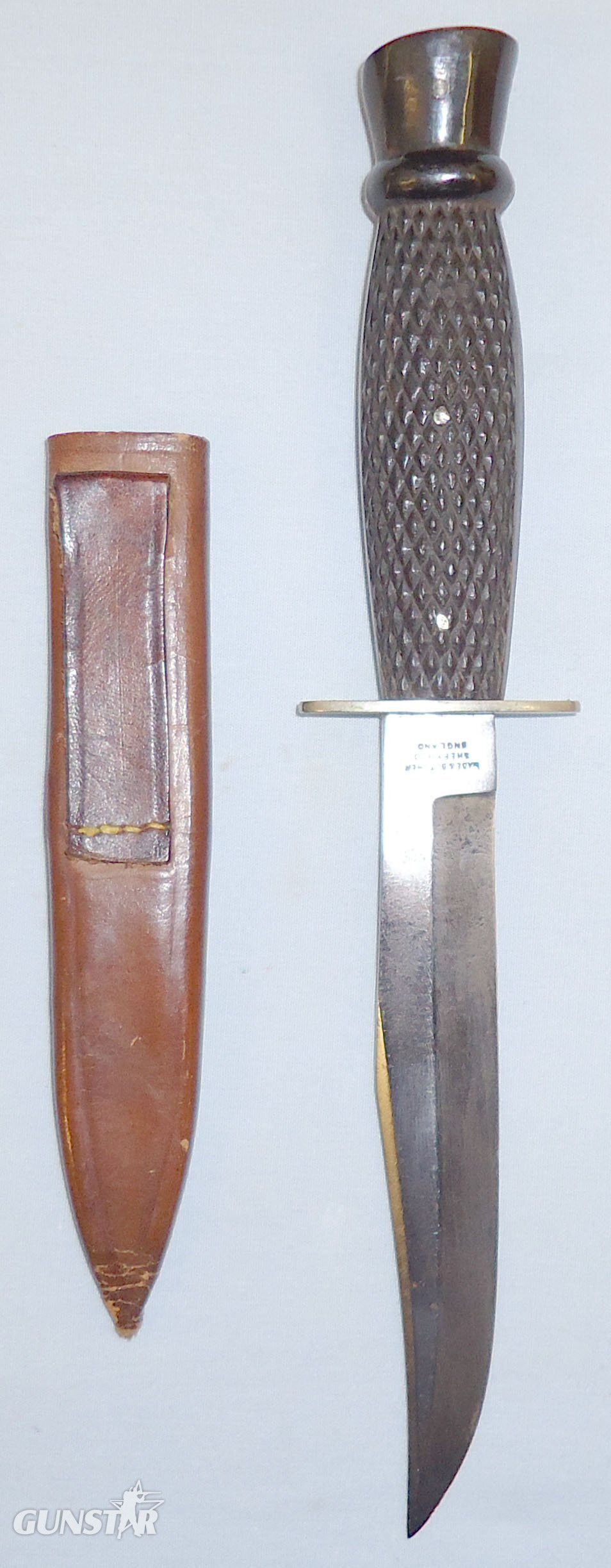  WWI Private Purchase Trench Knife and Leather Sheath by Manufacturer Wade & Butcher Sheffield England. ED 2400. Knive