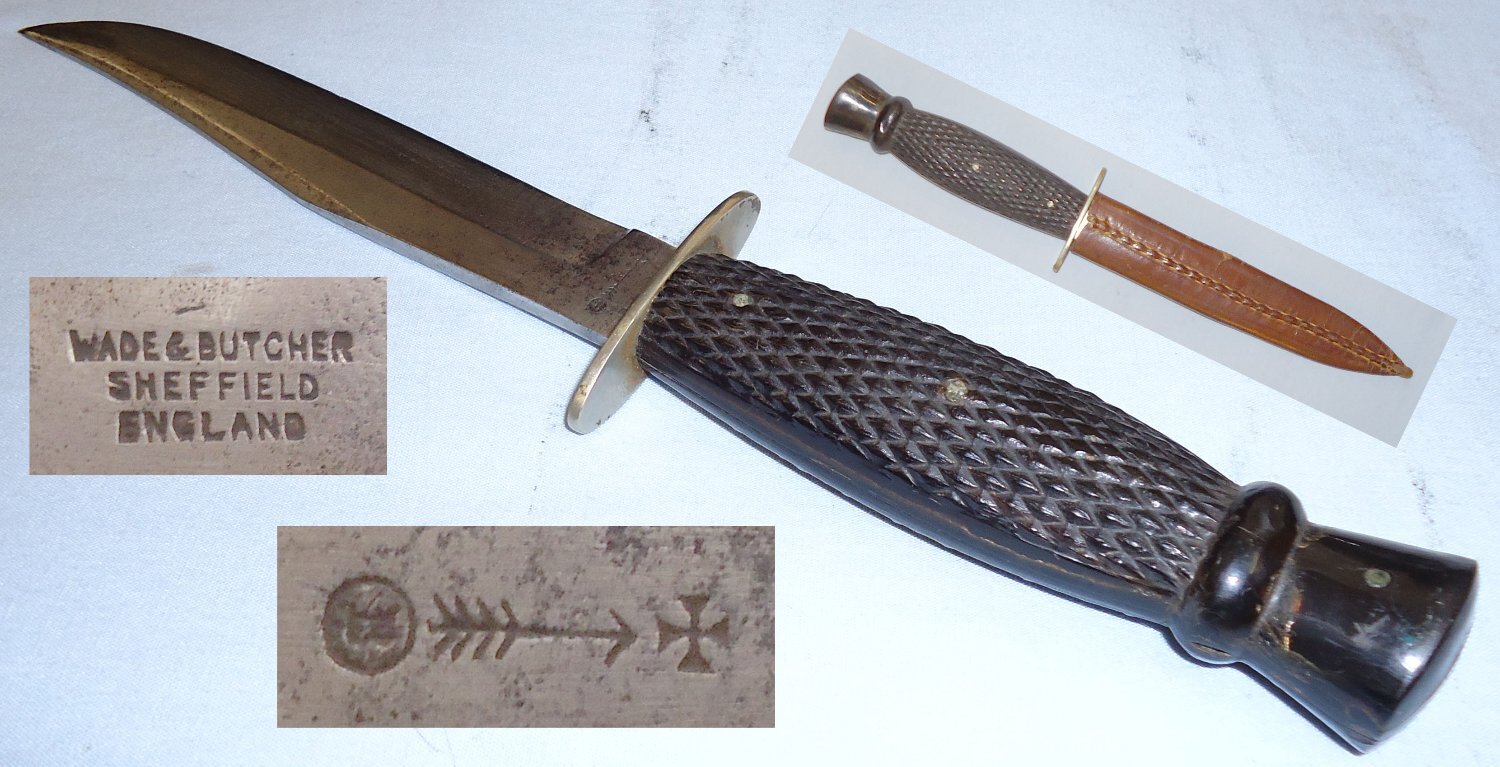 WWI Private Purchase Trench Knife and Leather Sheath by Manufacturer Wade & Butcher Sheffield England. ED 2400. Knive