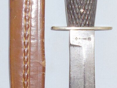 WWI Private Purchase Trench Knife and Leather Sheath by Manufacturer Wade & Butcher Sheffield England. ED 2400. Knive