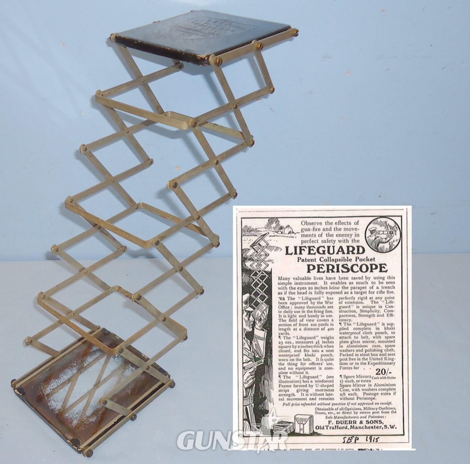  WWI Officers Private Purchase ‘The Lifeguard’ Pocket Trench Periscope by F Duerr & Sons of Manchester. 22553:6. WWI Officers Private Purchase ‘The Lifeguard’ Pocket Trench Periscope by F Duerr & Sons of Manchester. 22553:6.  Antique & Militaria