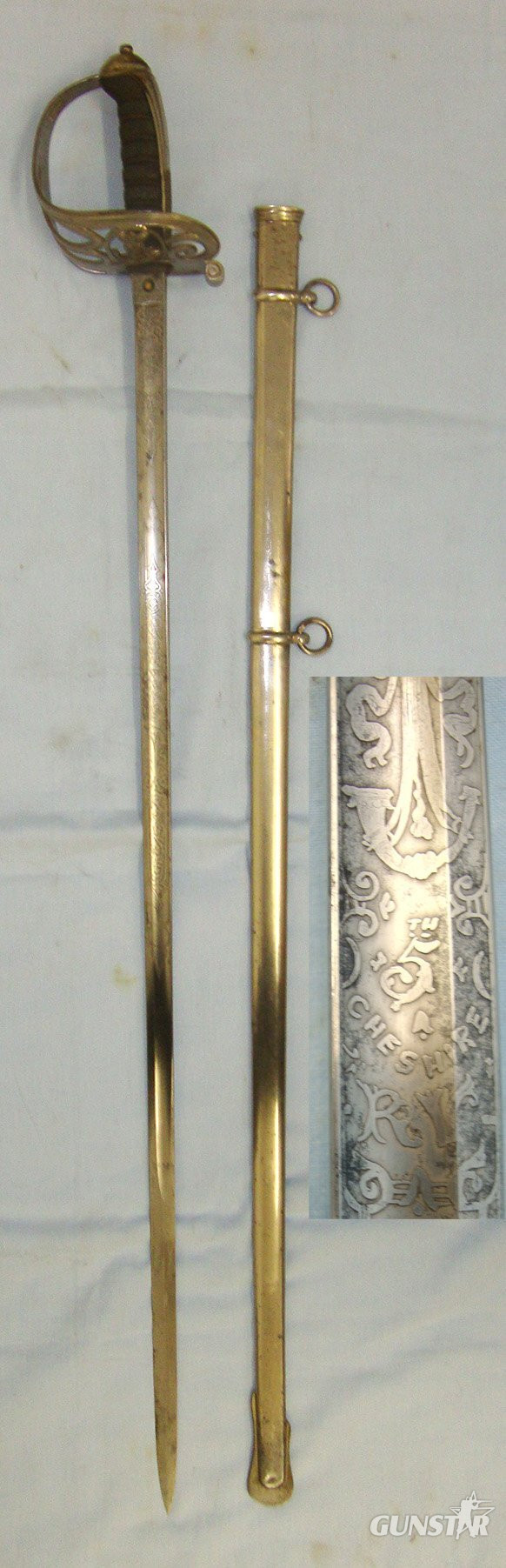 Post 1845 Victorian British Stockport Rifle Volunteers (Cheshire) 1822 Pattern Infantry Officer’s Sword With Etched Blade, Brass Gothic Style Pierced Basket Hilt & Scabbard. Sn 22426:60 Sword in 