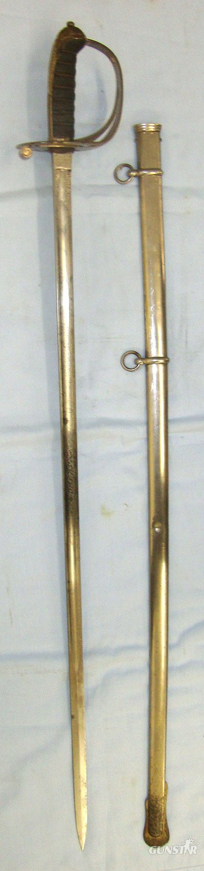  Post 1845 Victorian British Stockport Rifle Volunteers (Cheshire) 1822 Pattern Infantry Officer’s Sword With Etched Blade, Brass Gothic Style Pierced Basket Hilt & Scabbard. Sn 22426:60 Sword