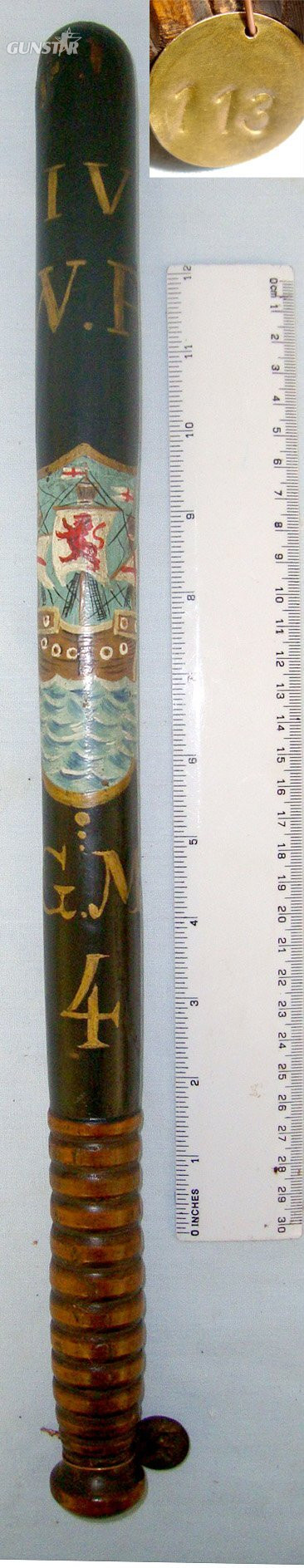 William IV Era 1830-1837 Naval Dockyard Police Hannd Painted Decoration Ebonised Wood Police Truncheon With Collection Number Brass Tag 113**FROM THE GEORGE RALPH LEYLAND COLLECTION OF TRUNCHEONS & TIPSTAFFS** Sn 22810  Antique & Militaria in 